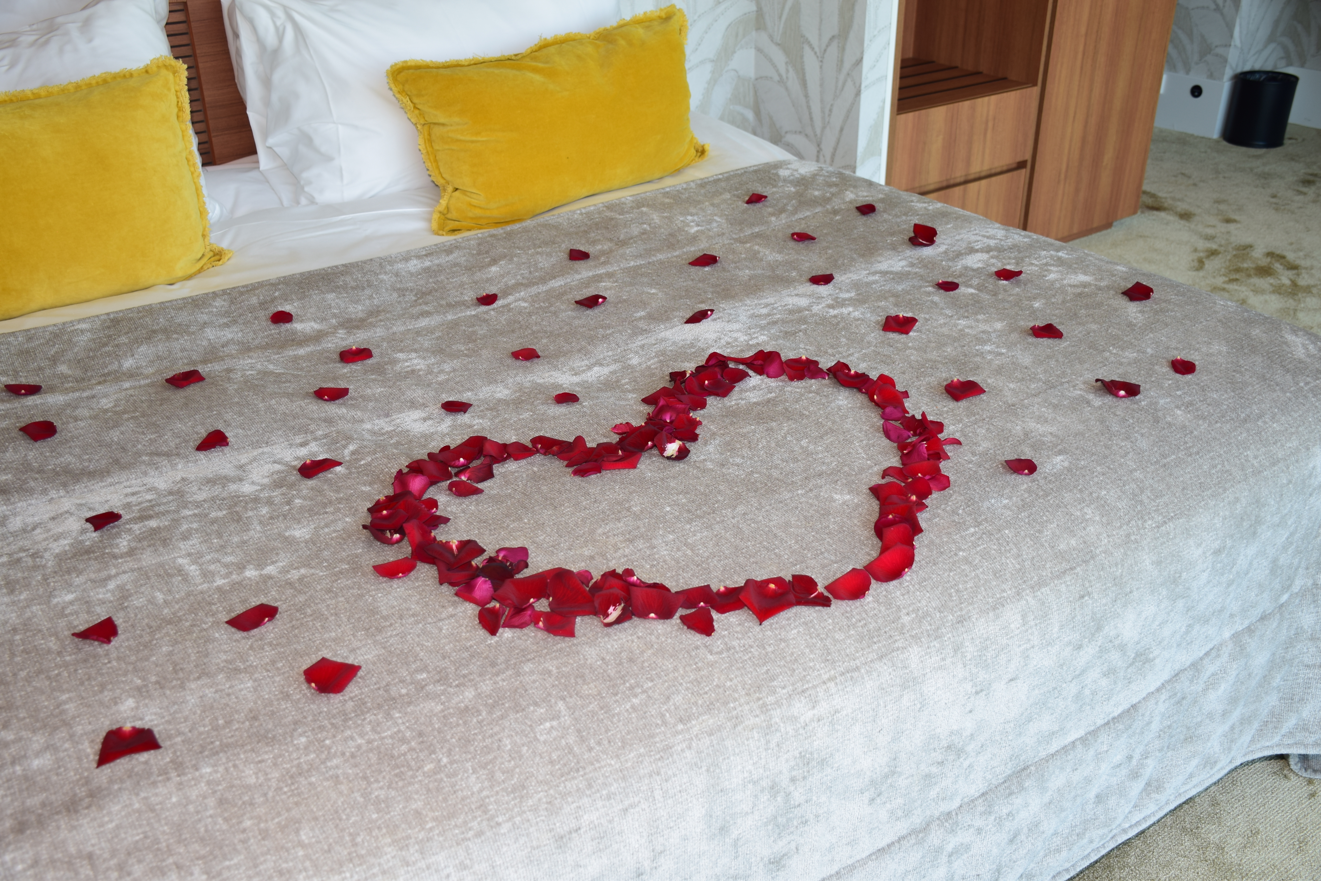 Rosenblätter auf dem Bett